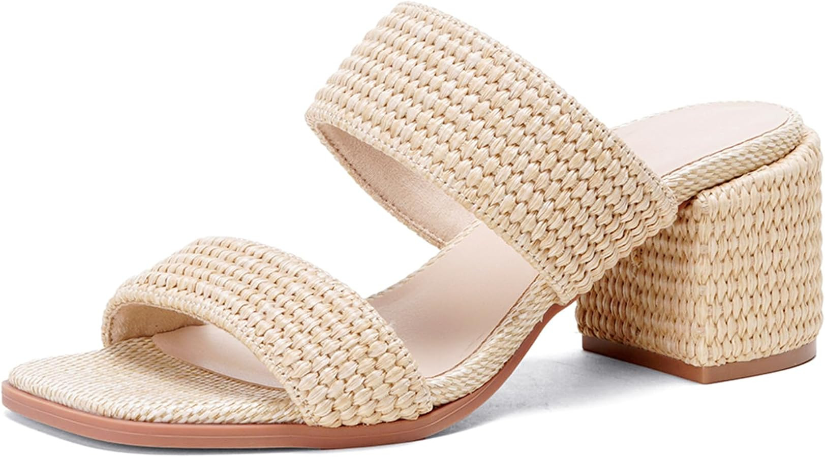 Raffia Heeled Sandals for Women Two Strap Raffia Sandals Square Open Toe Slip On Mules Block Chun... | Amazon (US)
