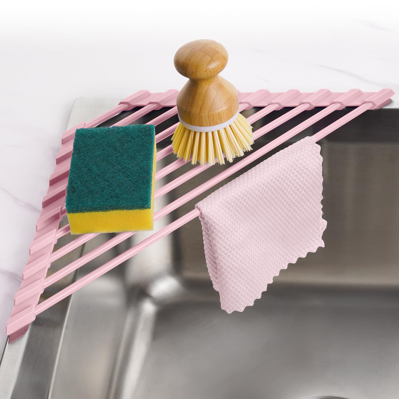 Tomorotec Compact Silicone-Coated Triangle Dish Drying Rack for Sink Corner - Foldable Stainless Steel Over-The-Sink Organizer and Storage Shelf (Pink) | Amazon (US)