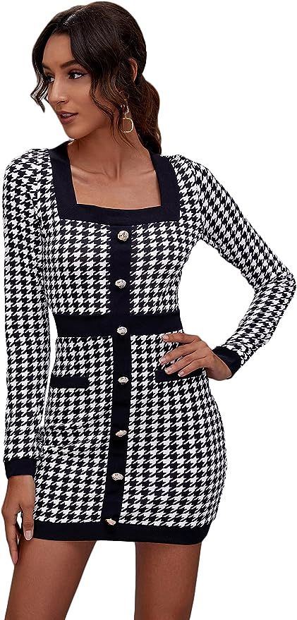 MakeMeChic Women's Houndstooth Long Sleeve Button Front High Waist Stretch Mini Bodycon Pencil Dr... | Amazon (US)