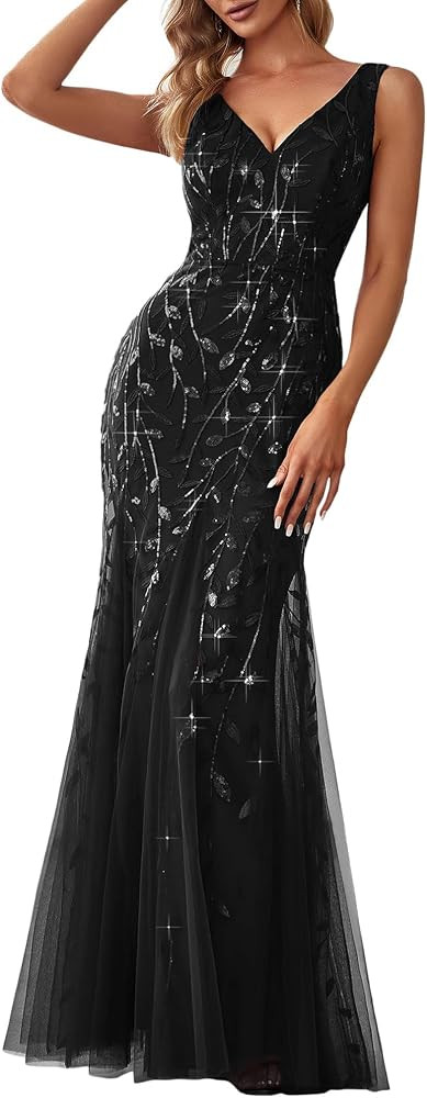 Ever-Pretty Women's Sequin Formal Dress Double V-Neck Sleeveless Mermaid Long Evening Prom Dresse... | Amazon (US)