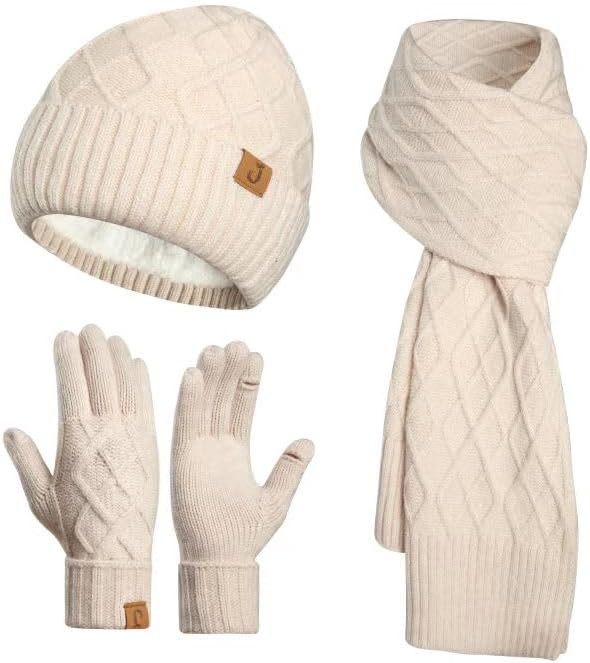 Winter Beanie Warm Hat Long Scarf Touchscreen Glove Set with Fleece Lined Skull Caps Neck Warmer ... | Amazon (US)