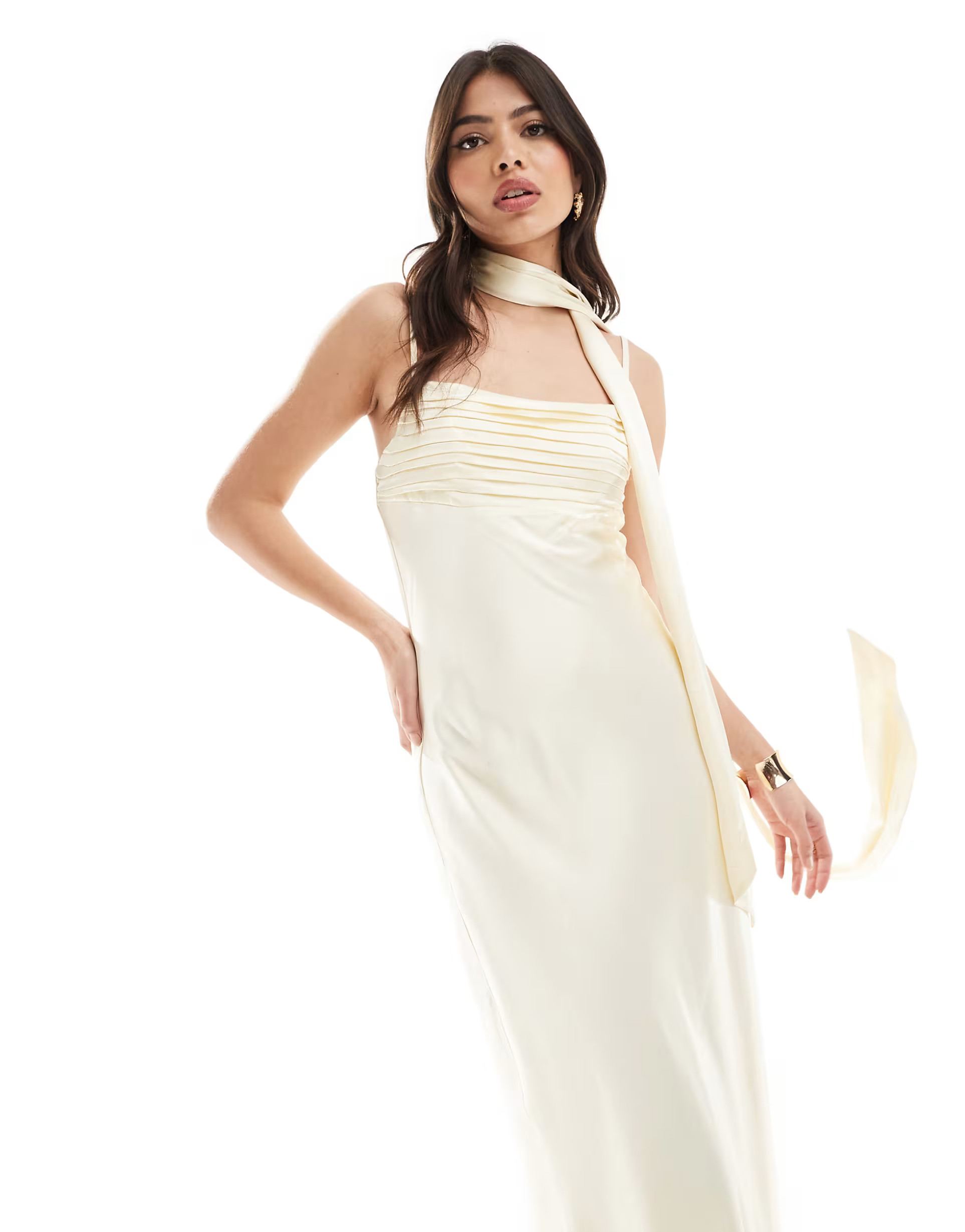 Forever New satin slip midaxi dress with neck tie in butter bean | ASOS (Global)