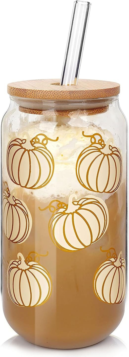 ANOTION Fall Coffee Cups - 18oz Fall Glass Cups with Lids and Straws Fall Decor Tumbler Iced Coff... | Amazon (US)