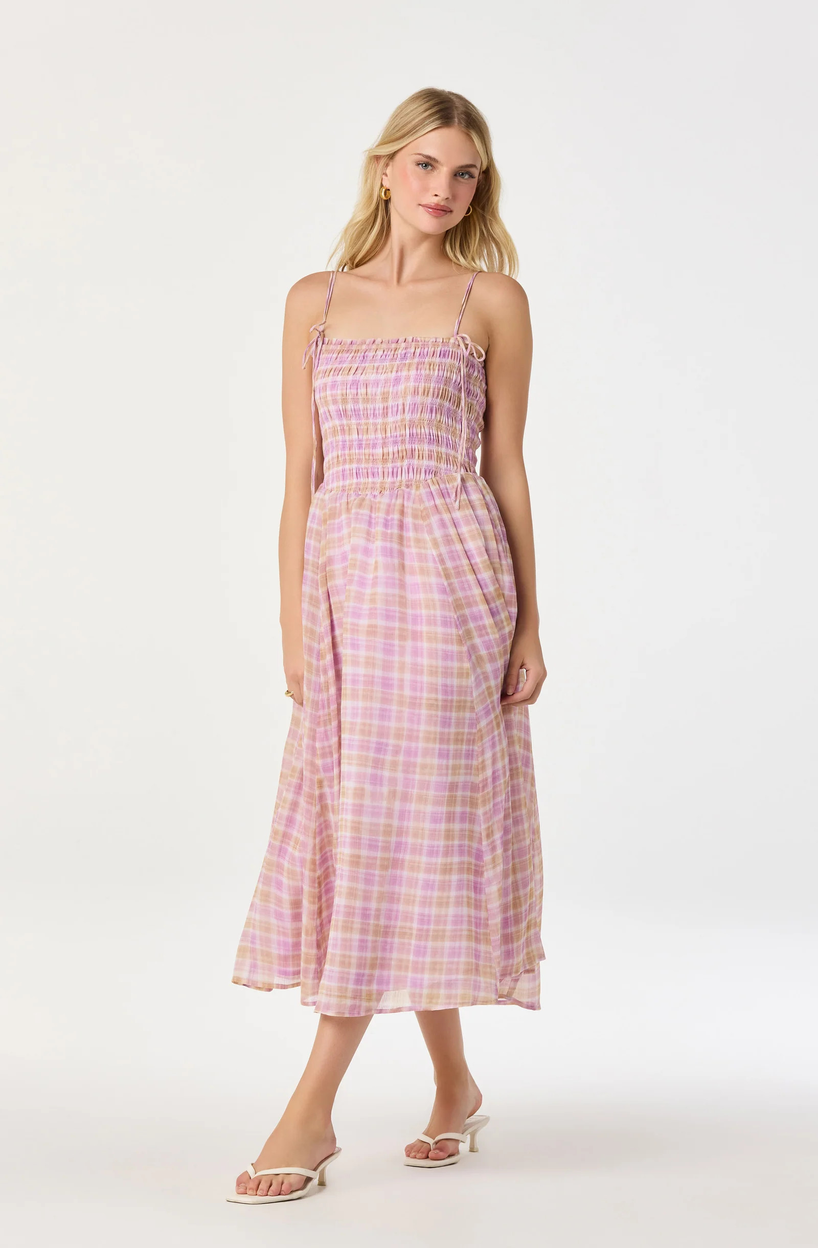 Lahela Plaid Smocked Midi Dress - Pink plaid / XS | ASTR The Label (US)