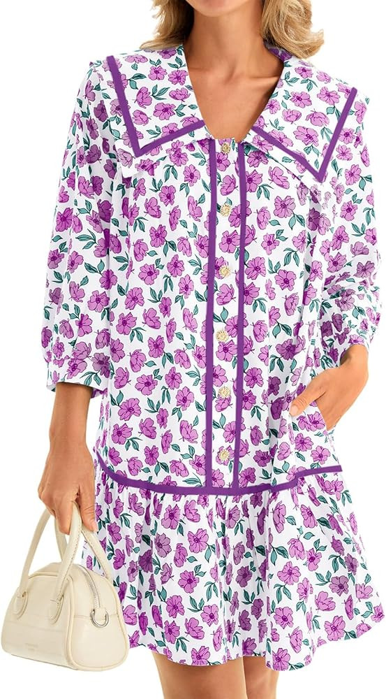 Wenrine Womens Casual Shirt Dresses 3/4 Long Sleeve Floral Button Down Flowy Babydoll Fall Mini D... | Amazon (US)