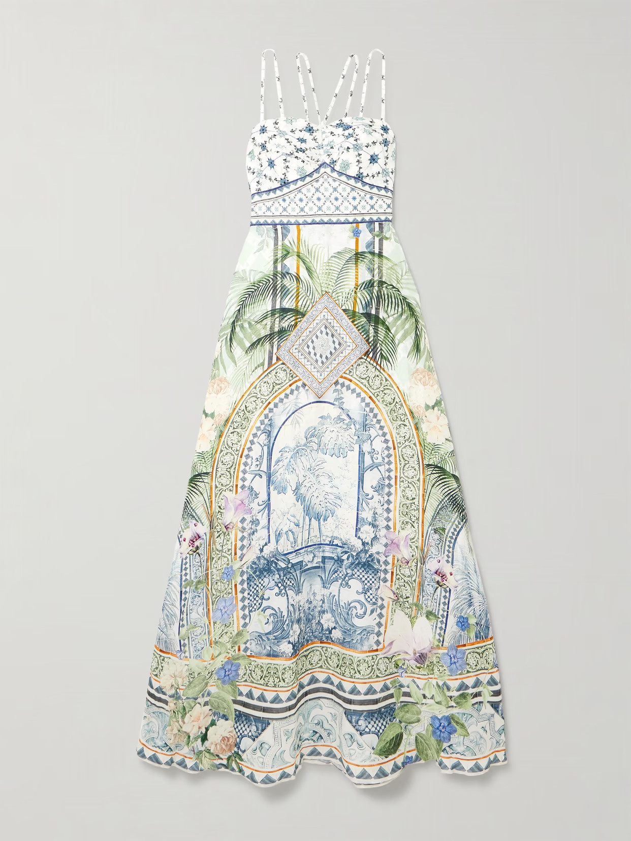Camilla - Jardim Party Crystal-embellished Printed Linen And Silk-blend Maxi Dress - White | NET-A-PORTER (US)