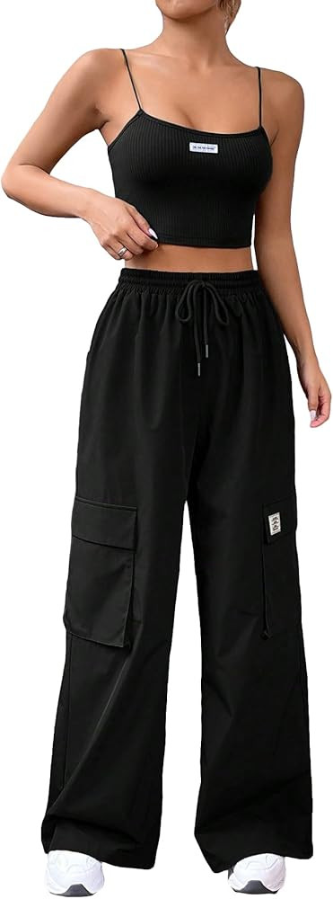 Verdusa Women's 2 Piece Outfits Square Neck Drawstring Waist Cami Top and Cargo Pants Sets | Amazon (US)