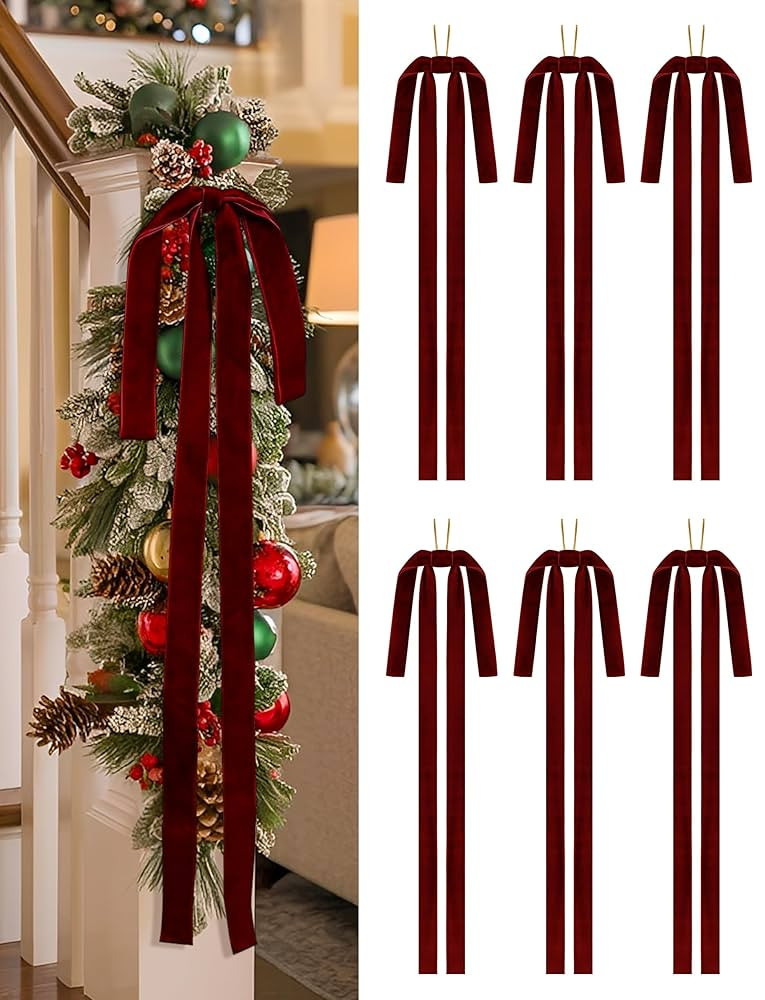 SIMISI RIBBON Burgundy Long Velvet Bows Ornaments for Christmas Tree, Wreath, Garland, Swag, Stai... | Amazon (US)