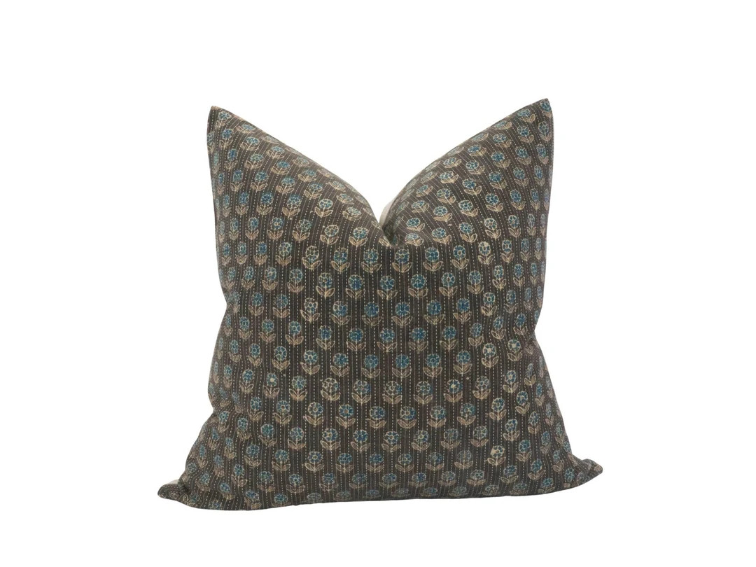 JAMES || Kantha-Stitch Floral Block Print Pillow Cover Floral Pillow Moody Floral Black Block Pri... | Etsy (CAD)