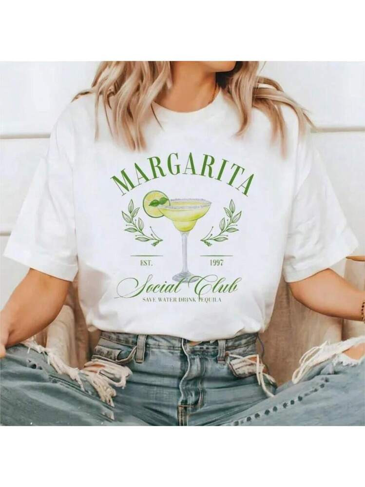 COOL SUMMER Margarita Social Club Printed TRENDSSSSy Letter Pattern Top T-Shirt Short Sleeved Women's Casual O-Neck Style Printed Travel T-Shirt | SHEIN