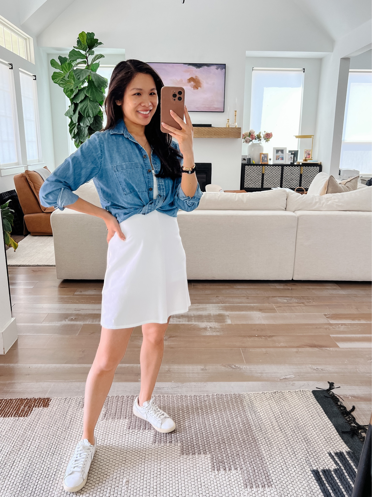 Casual summer outfit with the athletic white dress paired with my chambray shirt and sneakers! Wearing size XS and it fits TTS. Chambray shirt is 30% off, price as marked  

#LTKSeasonal #LTKstyletip #LTKsalealert