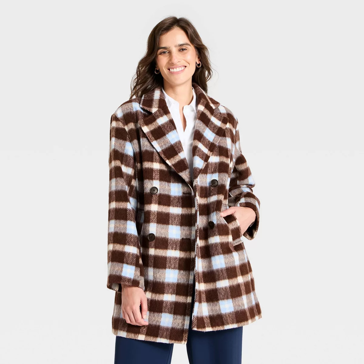 Women's Faux Wool Short Coat - A New Day\u2122 Blue Plaid S | Target