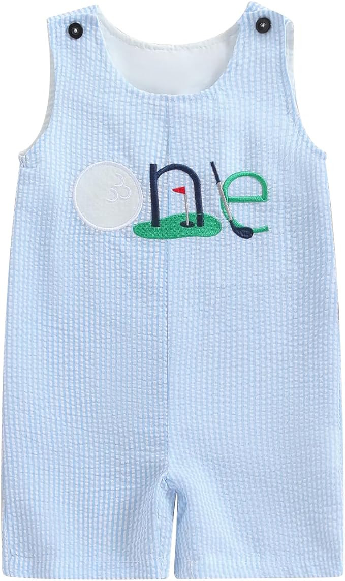 Chloefairy Baby Boy Tank Romper Golf Hole in One Birthday Outfit Boy Summer Striped Sleeveless Ju... | Amazon (US)