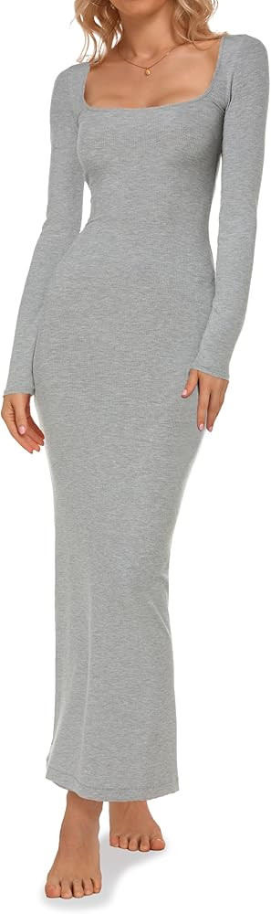 Relety Women's Bodycon Maxi Dresses Ribbed Long Sleeve Lounge Long Dress Square Neck Formal Casua... | Amazon (US)