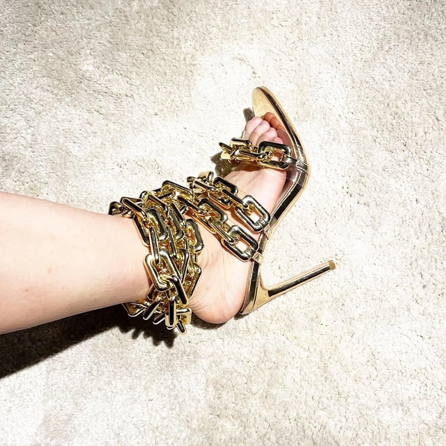 Frankie Hsu Luxury Women's Ankle Leg Lace Up Gold Link Chain Clear PVC Strappy Stiletto Round Toe High Heeled Sandals | Amazon (US)