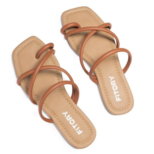 FITORY Women's Slide Sandals Flat Toe Ring Thongs with Cross Strap for Summer Size 7 Brown | Amazon (US)