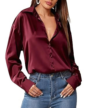 HOTOUCH Women Satin Silk Button Down Shirt Ladies Long Sleeve Tops V Neck Loose Blouse Dressy Bus... | Amazon (US)