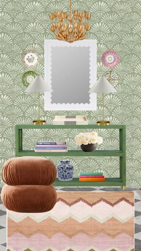Anthropolgie vibes means cb2 meets grandma? This eclectic design with a green console, green wallpaper, white mirror, brass lamps, and ottoman is giving me life! Shop the products below! 

#LTKsalealert #LTKstyletip #LTKhome