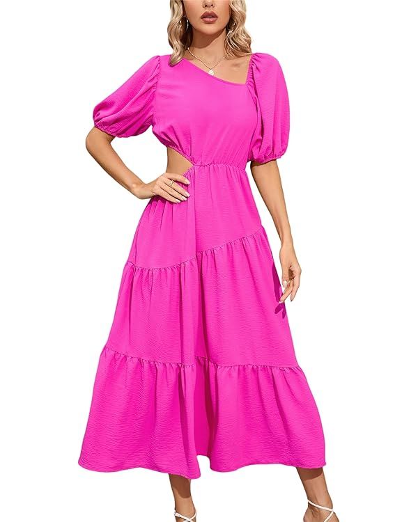 MACNOORA Women's Short Sleeve Square Neck Smocked Summer Dresses Cut Out Ruffle Hem Flowy Boho Ma... | Amazon (US)