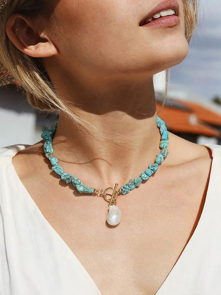 18k Gold Plated Chain Link Necklace for Women, Baroque Pearl/Compass Pendant Necklace | Amazon (US)