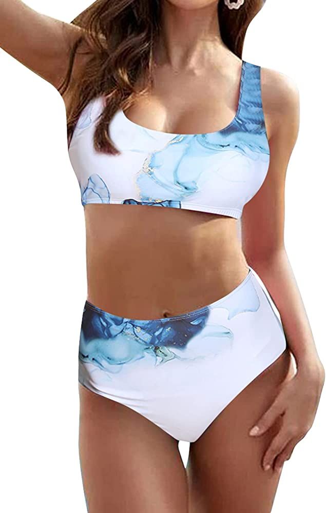 Womens High Waisted Bikini Tie Dye Bandeau Top Rainbow Sports Style Low Scoop Crop Swimsuits Two ... | Amazon (US)