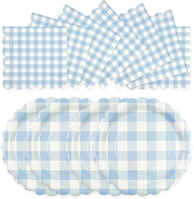 50PCS Paper Birthday Plates and Napkins Light Blue Gingham Disposable Set | Amazon (US)