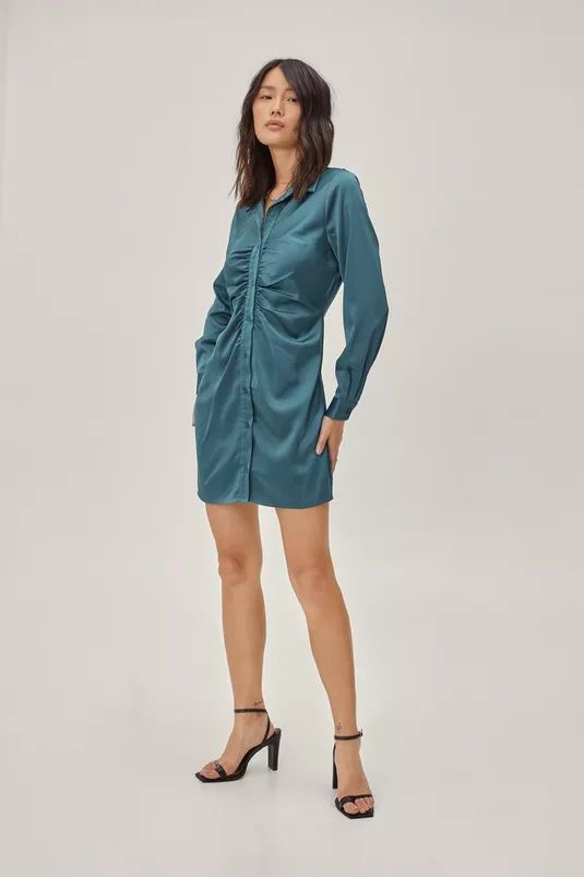 Sustainable Satin Ruched Front Shirt Mini Dress | Nasty Gal (US)