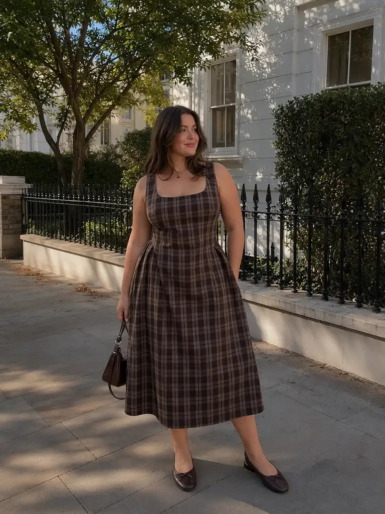 Square Neck Check Pleated Zipper Maxi Dress Curve & Plus | Cider