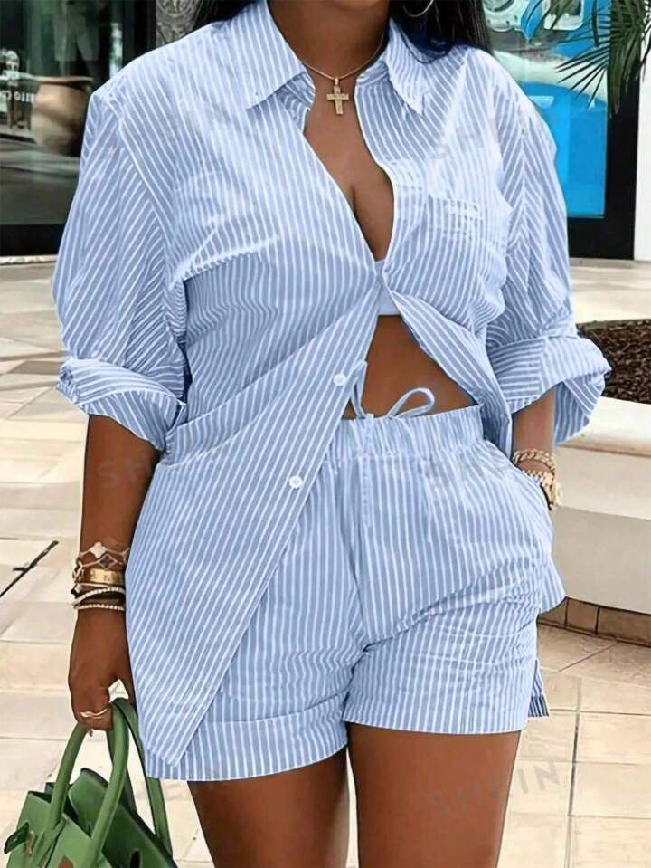 SHEIN Essnce Women Casual Striped Shirt And Shorts Two Piece Set For Spring And Summer | SHEIN