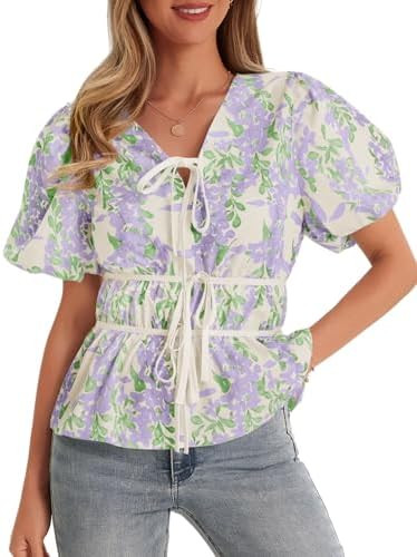 Cicy Bell Womens Puff Sleeve Tie Front Tops Summer Babydoll Peplum V Neck Blouse Casual Dressy Pl... | Amazon (US)