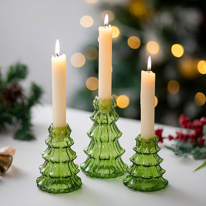 Glasseam Christmas Tree Candle Holder: Set of 3 Glass Candlestick Holders for Taper Candles Moder... | Amazon (US)