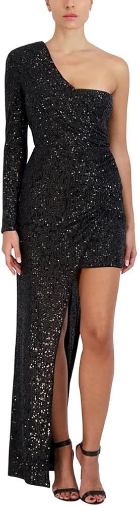 BCBGMAXAZRIA Women's Fitted Floor Length Evening Gown One Long Sleeve Asymmetrical Neck High Low ... | Amazon (US)