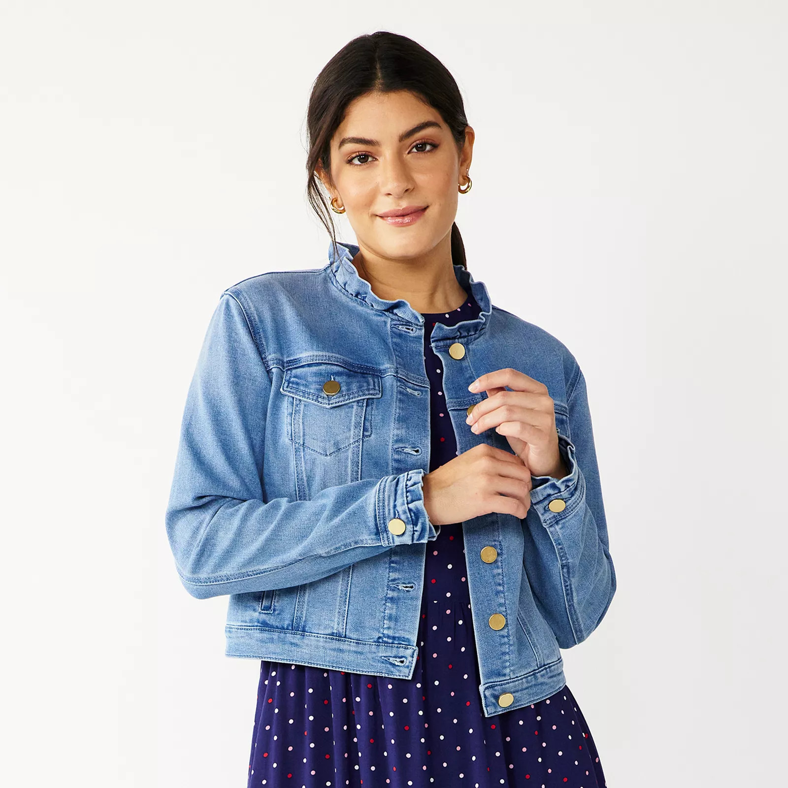 Women's DRAPER JAMES RSVP Ruffle Trim Denim Jacket, Size: XL, Dark Blue | Kohl's
