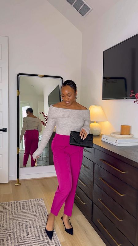 Sharing my outfit for a dinner date with friends. I have been loving the pops of color lately, so these pink trousers were a MUST! Also obsessed with the off-shoulder sweater and black slingback pumps  😍 this look would be perfect for date night or even brunch with the girls! 

#LTKfindsunder100 #LTKstyletip #LTKVideo