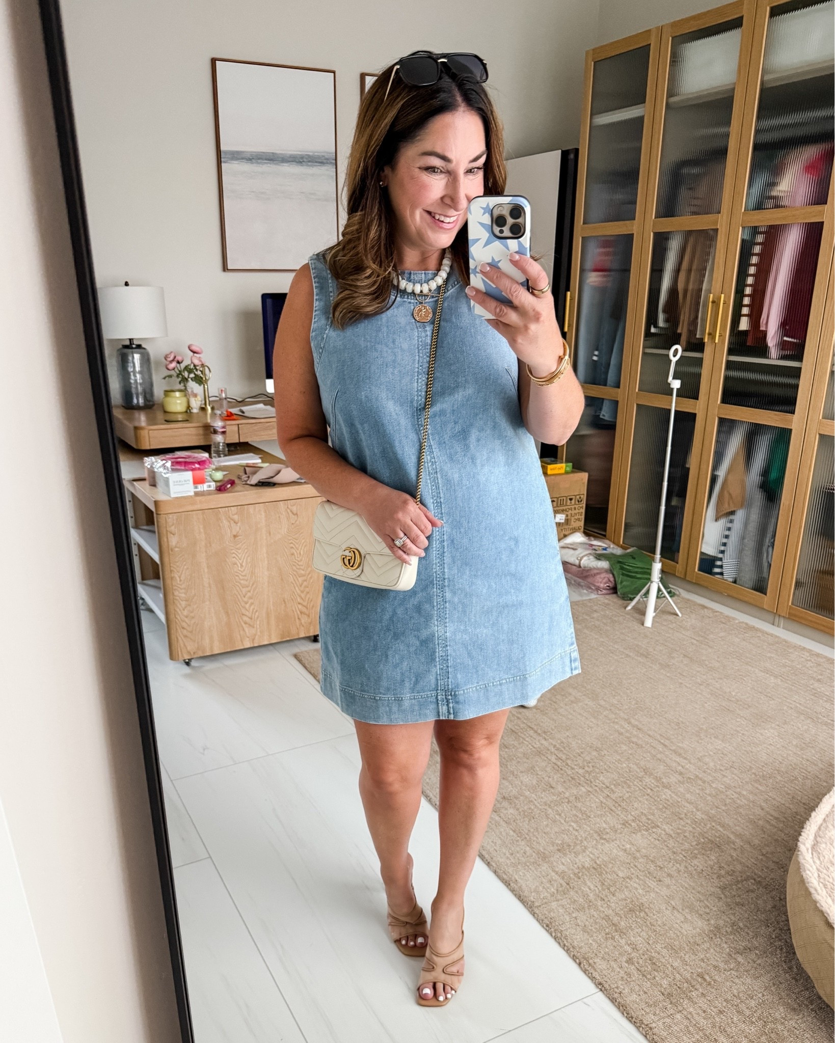 My date night looks with @Spanx denim dress and beaded necklaces - wearing large 

New customer code RYANNEXSPANX for 15% off

#LTKootd #LTKSeasonal #LTKMidsize