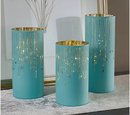 Set of 3 Illuminated Starry Night Hurricanes by Valerie | QVC