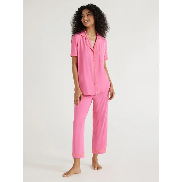 Joyspun Women's Knit Short Sleeve Notch Collar Top and Capri Pajama Set, 2-Piece, Sizes S to 3X | Walmart (US)