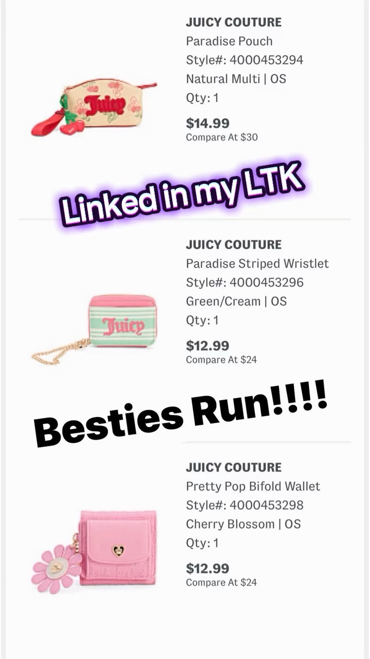 Besties Run! 🍓🍓✨🌸💚💖🍒🌸
Must have Juicy wallets & wristlet pouches! Too cute! ￼

Time to up your summer collection! 
#juicycouture #vintage #y2k #pink #beachvibes 

#LTKTravel #LTKgrwm #LTKootd
