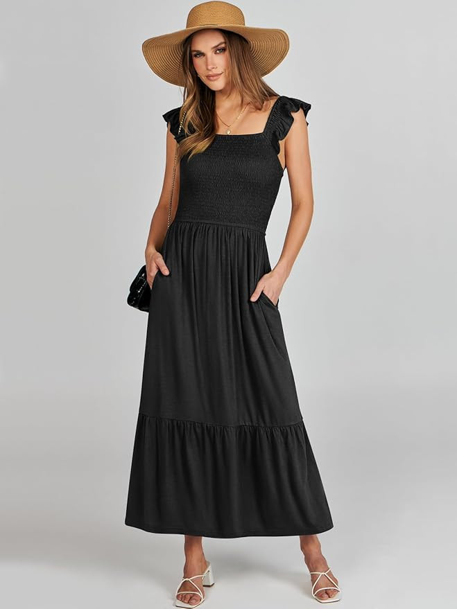 ANRABESS Women’s Summer Maxi Dress Square Neck Ruffle Sleeveless Smocked Tiered Casual Beach Su... | Amazon (US)