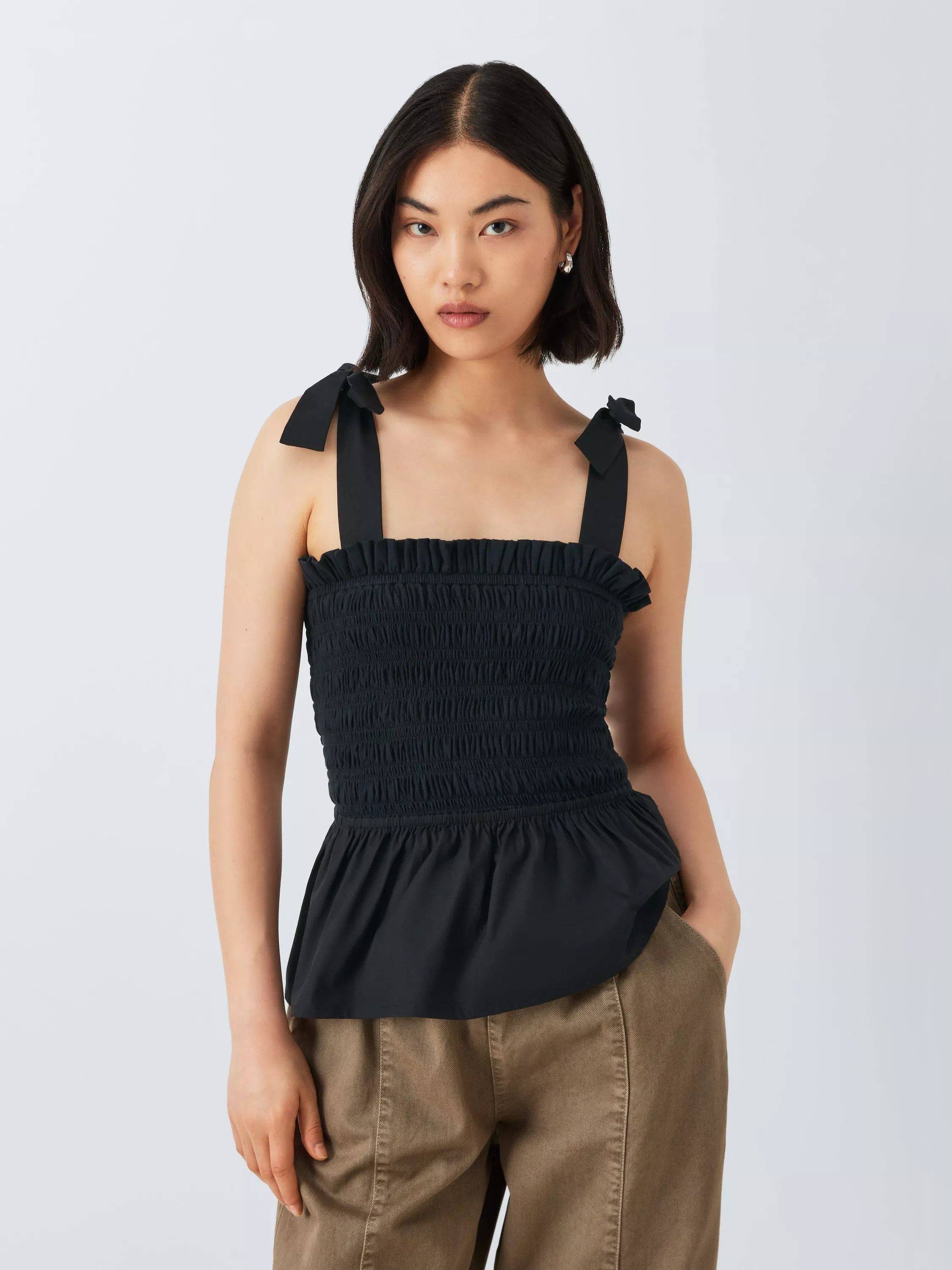John Lewis ANYDAY Shirred Tie Shoulder Top, Black | John Lewis (UK)