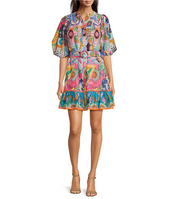 Sloane Printed Button Up Puff Sleeve Belted Mini Dress | Dillard's