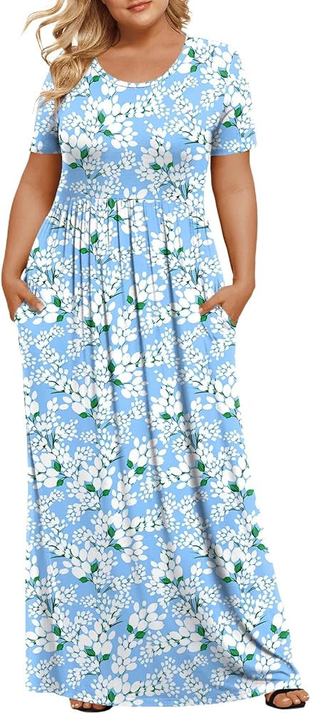 LONGYUAN Women's Plus Size Maxi Dresses Summer Short Sleeve Casual Long Dress 2026 XL-6XL | Amazon (US)