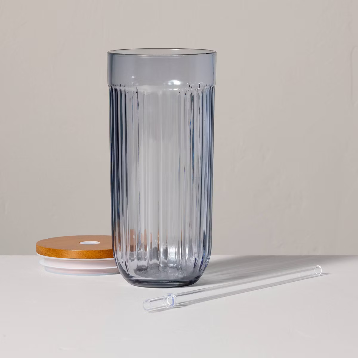 21oz Fluted Glass Tumbler with Wood Lid Blue - Hearth & Hand™ with Magnolia | Target