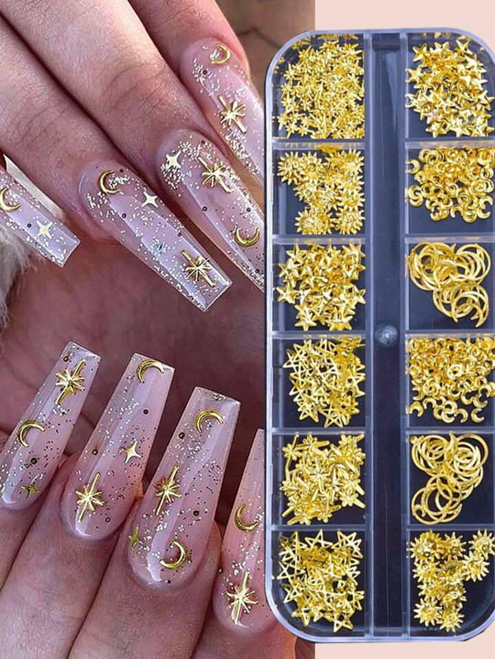 Black Friday 12 Grids Moon Star Nails Gold Metallic Nail Sequins Charms 3D Nail Art Tips Decorati... | SHEIN