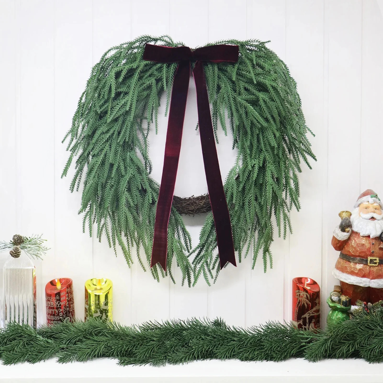 13.8 Inch Artificial Norfolk Pine & Cedar Christmas Wreath with Velvet Bow, Faux Xmas Outdoor Wre... | Walmart (US)