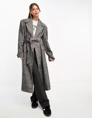 Miss Selfridge herringbone maxi wrap coat in mono | ASOS (Global)