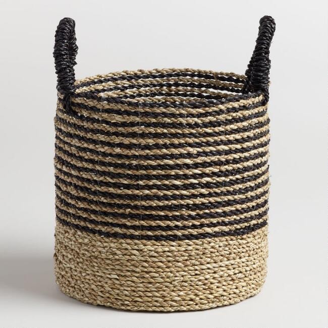 Small Black and Natural Seagrass Calista Tote Basket | World Market