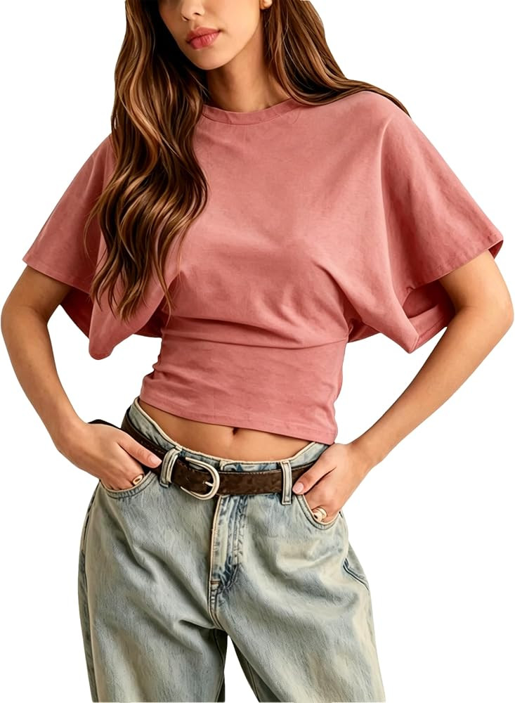 Lumister Shirts for Womens Crewneck Tighten Waist T-Shirt Casual Short Sleeve Workout Tops Solid ... | Amazon (US)