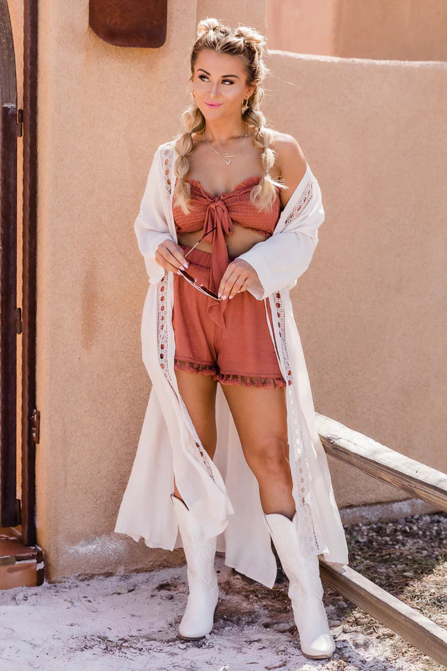 Beach Views Natural Crochet Trim Kimono | Pink Lily
