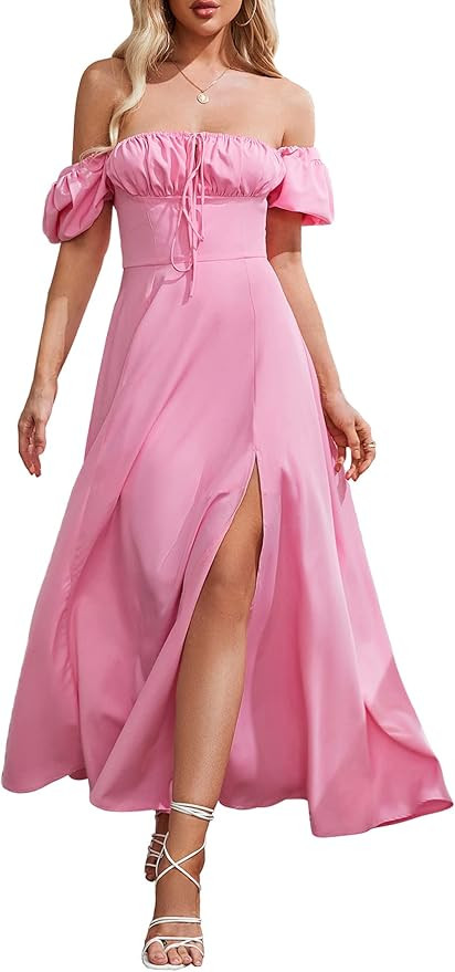 Women's Summer Puff Sleeve Floral Split Maxi Dress Flowy A Line Casual Beach Long Dresses 2025 | Amazon (US)